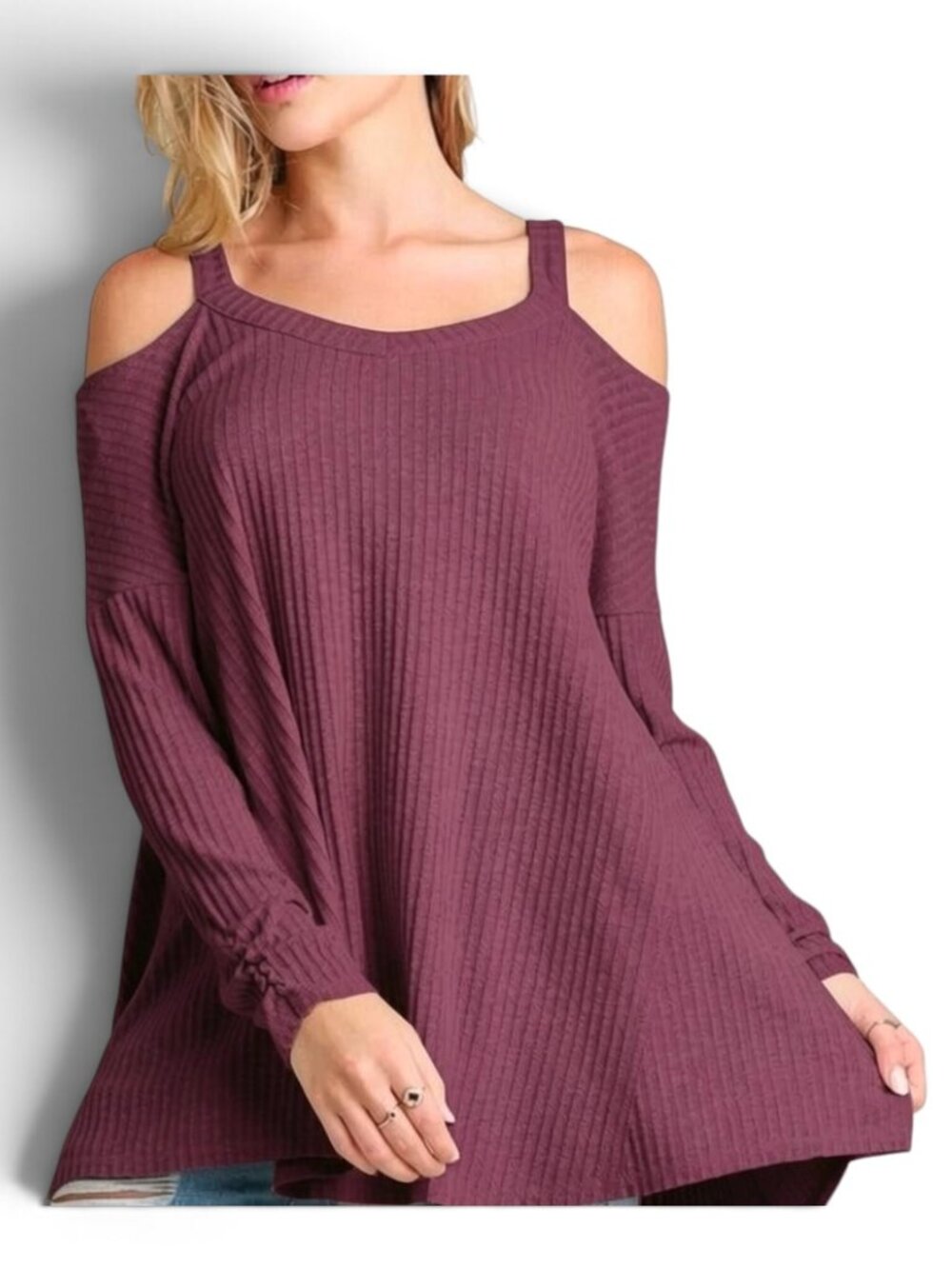 Umgee Ribbed Cold Shoulder Pullover Sweater Medium Ruched Sleeves Marled